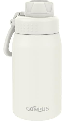 GOPPUS 420ml/15oz Kids Insulated Water Bottle with Screw Lid (No Straw) Stainless Steel Toddler Bottle School Flask Girls Boys Drinks Cup with Handle & Leakproof & Keep Drinks Cold (Beige)