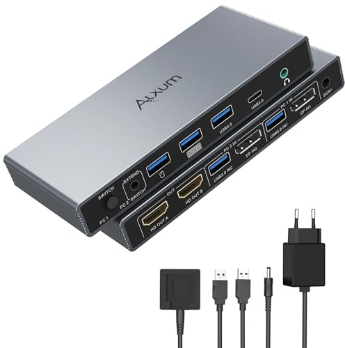 Alxum KVM Switch 4K@60Hz für 2 PCs & 2 Monitore mit DP, HDMI & USB 3.0 | 2x DP & 2x HDMI 4x USB 3.0 Tastatur, Maus & Audio Inkl 2x USB-B Kabel & 5V/2A Netzteil Plug & Play Ideal für Homeoffice