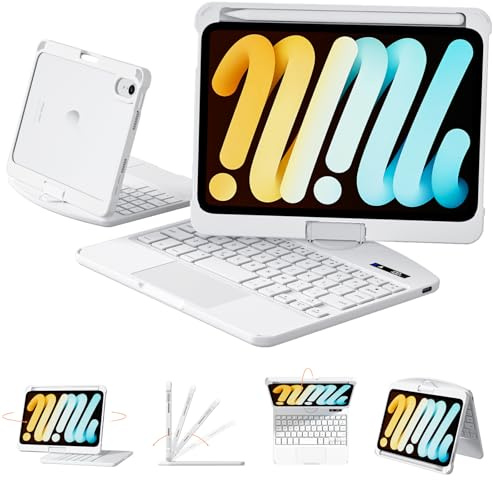 Tiaota Custodia trasparente con tastiera per iPad mini 7 A17 Pro (2024) e Mini 6 (2021) 8,3, 7 colori, tastiera wireless, rotazione a 360°, con trackpad, portamatite, con scorciatoie, bianco