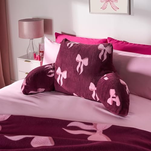OHS Reading Pillow for Bed Adult, Bow Print Cuddle Cushion Soft Cosy Fleece Back Support Cushion with Arms Gaming Bed Cushions for Sitting up in Bed, Burgundy/Pink - 65 x 40cm