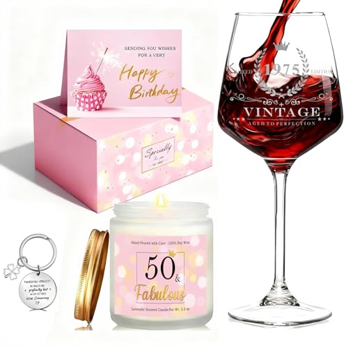 Gratitopia 1975 Geschenk zum 50. Geburtstag Frauen – Weinglas mit Gravur-Optik “VINTAGE 1975” (16oz) in Geschenkbox | Geschenke für Frauen ab 50, Deko 50. Geburtstag Frau