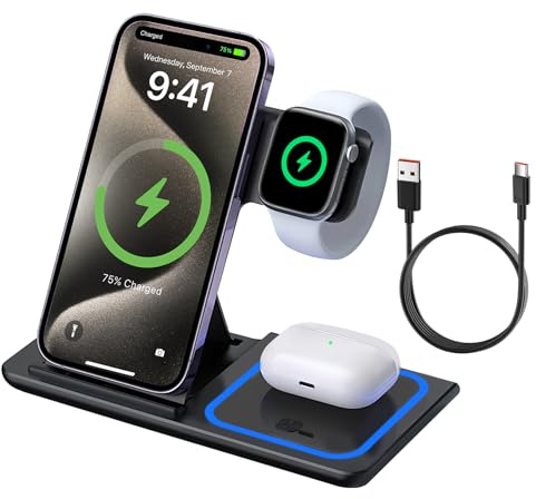 Induktive Ladestation 3 in 1, Kabelloses Charger Ladegerät 3 in 1 Kompatibel für iPhone 17 16 15 14 13 12 Pro Max Apple Watch 10 9 8 7 6 SE 5 4 3 AirPods 2 3 4 Pro Samsung S25 Ultra S24 15W Wireless