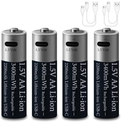 4 Piezas 1,5V AA 3400mWh Litio Pilas Recargables, 1,5Volt Doble A Lithium 2200mAh Pila para Vídeo Timbre/Juguete/Mando Distancia, 2 en 1 Tipo-C USB Carga Cable, 2 Hora Carga Rápida, 1200 Ciclos