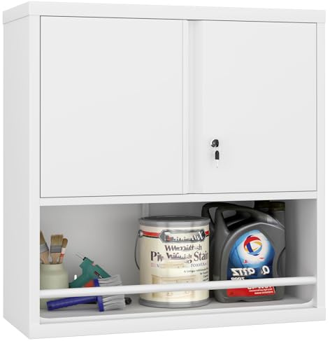 HAINEW Hängeschrank Metall Werkzeugschrank mit 2 Türen, Abschließbar Aufbewahrungsschränke Wandhängeschrank für Garage Werkstatt Küche, 76×30,5×78cm, HD26032306 (Weiß)