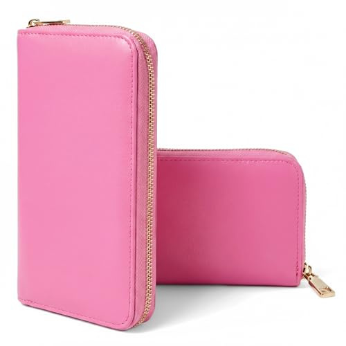 MillyMilk® Leder Geldbörse Groß Pura – Damen Portemonnaie Clutch mit Handyfach – Gepolsterte Kunstleder Brieftasche Vegan mit Vielen Fächern für 16 Karten, Münzen & Scheine (PINK)
