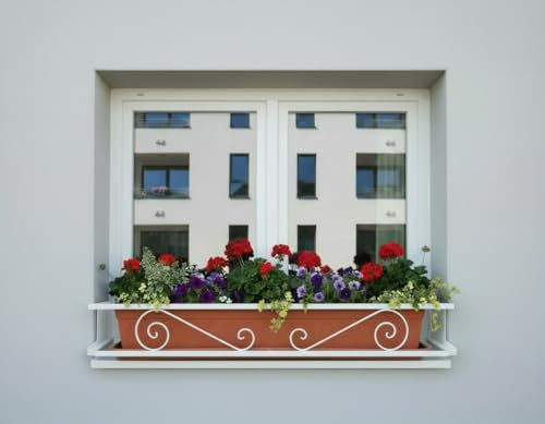 CM Garden - Balconcillo para Macetas Extensible, Portamacetas Ventana, Protector de macetas, Modelo Volutas, Blanco (140-200 cm)