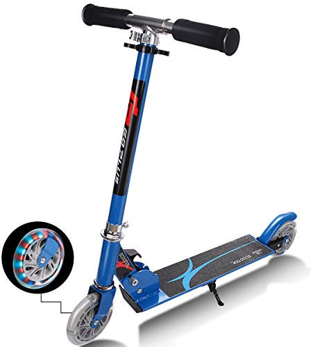 COSTWAY Kick Scooter Kids Stunt, Light Up LED 2 Wheeled Scooters for Ages 4 to 13 Children Girls Boys, Adjustable T-bar Foldable Push Board Maximum Load 70KG (Blue)