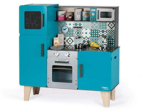 Janod - Wooden Play Kitchen Lagoon Maxi with Fridge and Microwave Oven - Pretend Play Toy Kitchen - 15 Accessories Included - From 3 Years Old, J06555