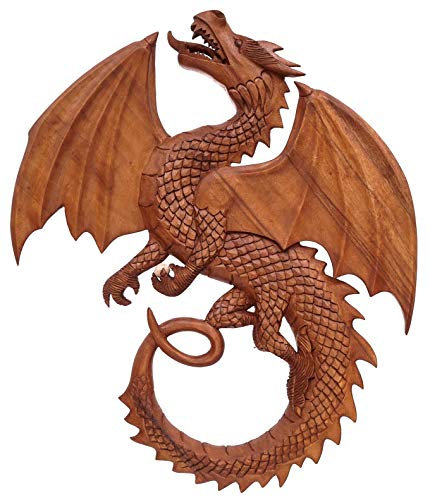 Windalf Großes Vikings Drachen Holzbild Wizard 52 cm Drachen-Wandrelief mit Magic Kugel Nordische Mythologie Handarbeit aus Holz
