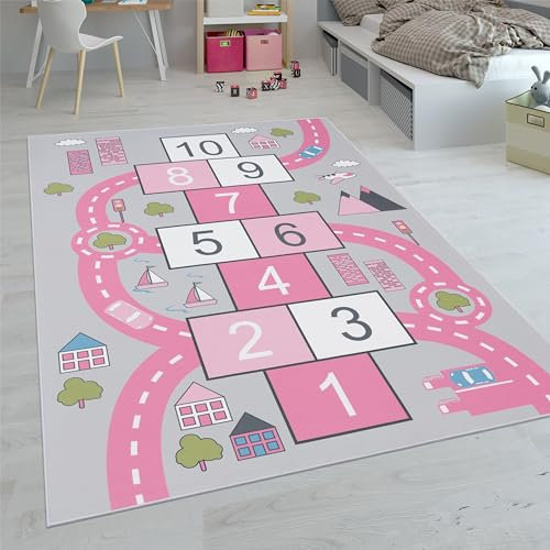 Paco Home Tappeti da gioco a pelo corto colorati per camerette dei bambini con diversi motivi, Dimensione:160x220 cm, Colore:Pink 2