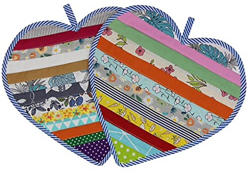 2Pcs Tovaglietta a Forma di Cuore, 100% Tessuto Cotone Patchwork Presine Cucina Personalizzata, Grandi Sottobicchieri resistenti al Calore, Gadget da Cucina per Padelle Pentole Piatti (10,5x10,5 Inch)