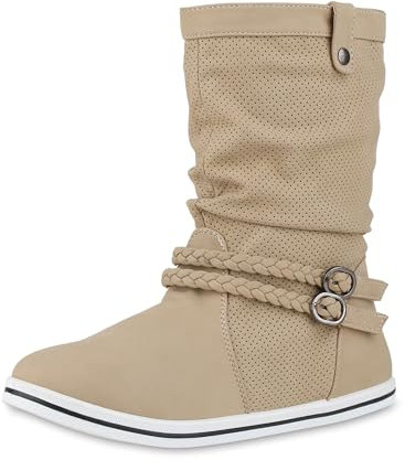 VAN HILL Damen Schlupfstiefel Sportliche Stiefel Leder-Optik Boots Geflochtene Schnalle Zierknöpfe Bequeme Schlupfschuhe 151767 Beige 38