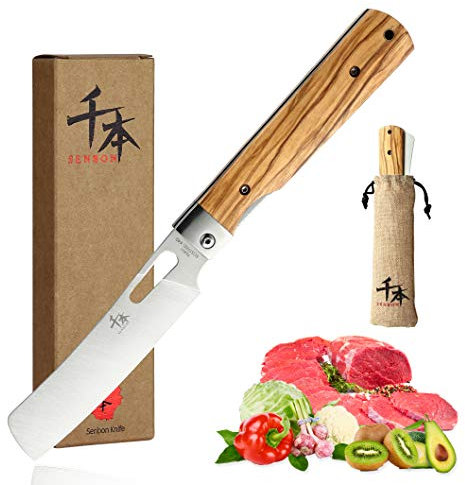 SENBON 440A Acier Inoxydable Ultra Pointu Poche Style Japonais Couteau De Chef Pliant Couteau À Éplucher Poignée En Olive Naturelle Camping Voyage En Plein Air Portable Couteau De Cuisine