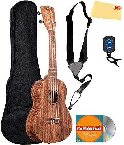 Kala KA-TEAK-C Konzert-Ukulele aus Teakholz, Musikinstrumente mit Gigbag, Gurt, Stimmgerät, Austin Bazaar Anleitungs-DVD und Poliertuch