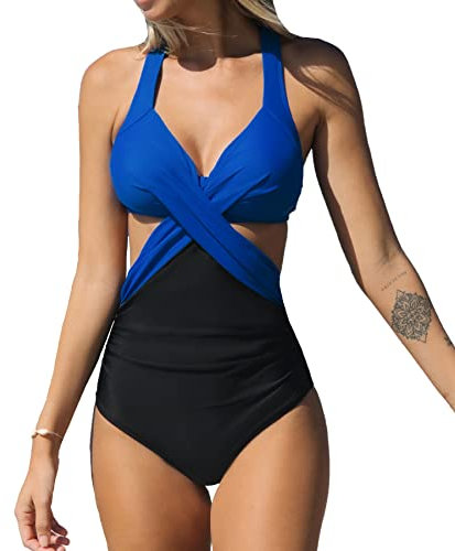 CUPSHE Damen Badeanzug Wickeloptik Bauchweg Bademode Crossover Raffungen Cut Out Einteilige Strandmode Swimsuit Blau/Schwarz L