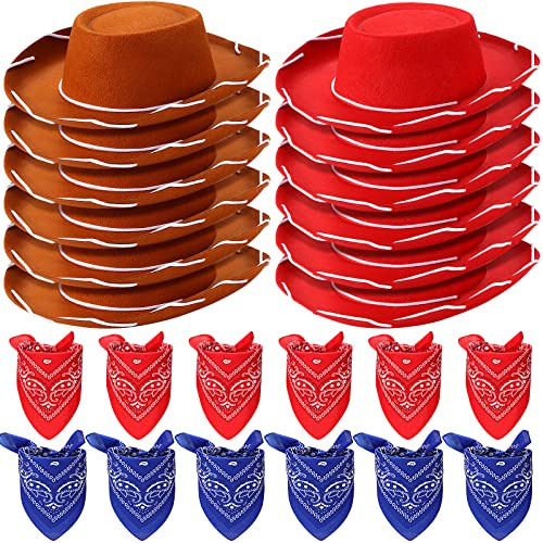 Coume 24 Pieces Cowboy Hats and Bandanas, Brown, Red