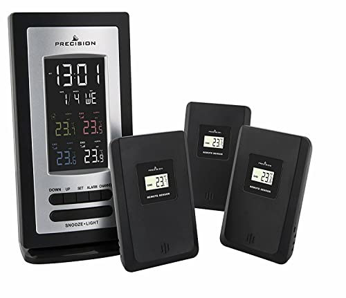Precision Radio Controlled Multi-Temperature Digital Clock with Alarm and Snooze Function, Date Display & 3 Remote Temperature Sensors, Black and Grey, One Size, (PREC0114)