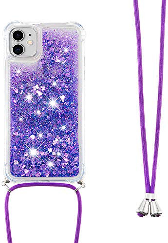 Handykette Handyhülle für iPhone 12 / iPhone 12 Pro Hülle,Glitzer Quicksand kreatives Fließende Flüssigkeit schwimmt Silikon Case mit Umhängeband Handykordel Band Kette für iPhone 12,GS Purple Heart