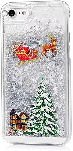 Lvnarery For iPhone SE 2022/iPhone SE 2020/iPhone 7/8 Christmas Phone Case Glitter,Bling Sparkly Shiny Flowing Liquid Quicksand Clear Soft TPU Bumper Silicone Protective Cover Silver