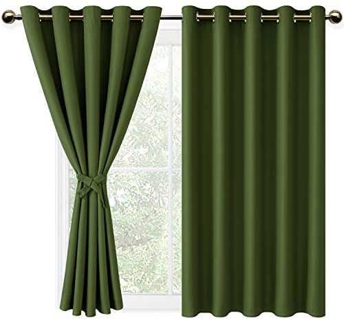 DWCN Green Blackout Curtains with Tiebacks for Bedroom Thermal Insulated Solid Eyelet Curtains for Living Room,2 Panels,66 Wide x 54 Drop