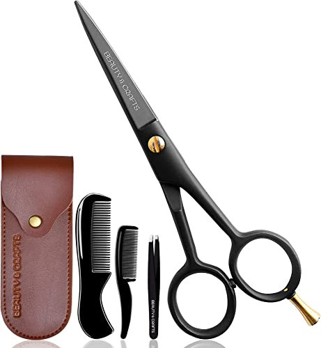 Professionelle deutsche Bartschere für Herren, 2 Schnurrbartkämme für Gesichtshaar, mit schöner Tasche und Pinzette, Schnurrbartschere für Männer, Fellpflege, Schneiden, Stylen, Schnurrbart-Trimmer,