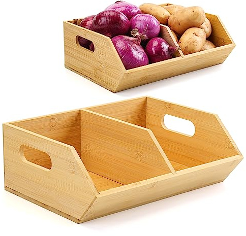 BYOA Official Lot de 2 bacs de rangement en bambou, organiseurs et paniers de rangement pour comptoir de cuisine et panier de rangement pour produits, oignons, pommes de terre, ail, fruits, légumes et