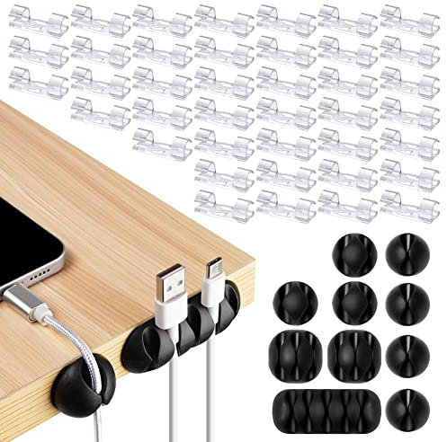 URAQT Clip per Cavi, 50 Pz Supporto Organizzatore Cavi Clip Organizzatore Cavi a Lunga Durata, Fermacavi Supporto Autoadesivo Clip Cavo per TV, PC, Laptop, Casa e Ufficio(trasparente+nero)