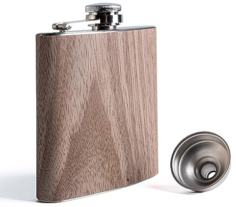 SPDYCESS Edelstahl Flachmann aus Holz 6oz Männer Flachmänner mit Trichter Tragbar Flachmann von Alkohol Geschenk zum Wandern Klettern Angeln