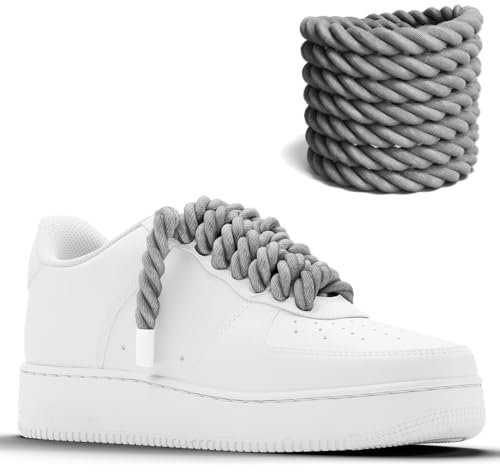 Chunky Laces Lacets en Coton Gris avec aglette blanche, Corde de 10mm, Lacets de chaussures en macramé en coton naturel, Idéal pour Air Force 1, Air Force 1 Femme, Air Force 1 Homme