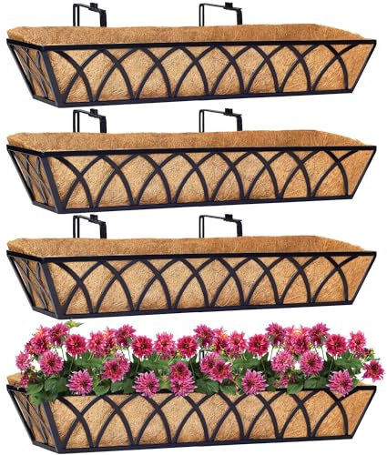 HFHOME 4Pcs 30/76.2cm Wall Trough Rail Planters, Large Hanging Flower Baskets with Coco Liner and Adjustable Brackets, Metal Railing Planter Box for Window Box Porch Balcony Fences