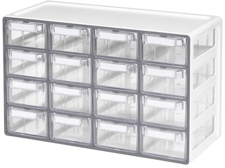 BLUE GINKGO Medium 16 Drawer Storage Organizer Cabinet - Stackable Bead and Craft Storage, Hardware Small Parts Organizer, Teacher Toolbox (Made in Korea) - Grey