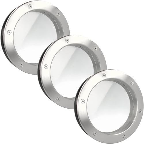 MLS Bullauge B4000, Set mit 3 Stück, für Türen, Rostfreier Edelstahl, VSG-Sicherheitsglas, Passend für 40 mm Starke Türen, Beidseitig Sichtbare Befestigungsschrauben, 250 mm Durchmesser, Klares Glas