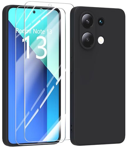 MIKULLE Funda para Xiaomi Redmi Note 13 4G con Cristal Templado Protector de Pantalla,Ultra Slim Protectora Anti-Choques Carcasa de Silicona Líquida TPU Suave Case Cover - Negro