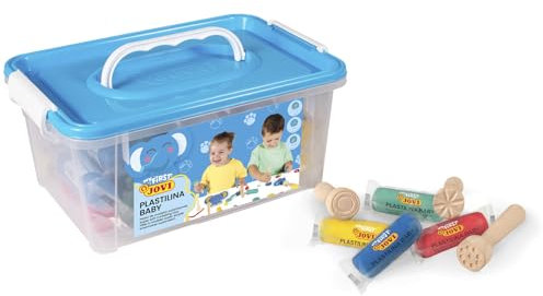 Jovi Plastilina Baby - Baúl con 20 Pastillas de 38g Colores Rojo, Verde, Azul y Amarillo + 9 Sellos de Madera Herramientas de modelaje para niños a Partir de 12 Meses (371/20)