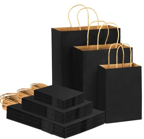45pcs Black Kraft Paper Bags With Handles - Mixed Size Gift Bags for Business, Shopping, Retail, Party, Favor, Merchandise (Black)