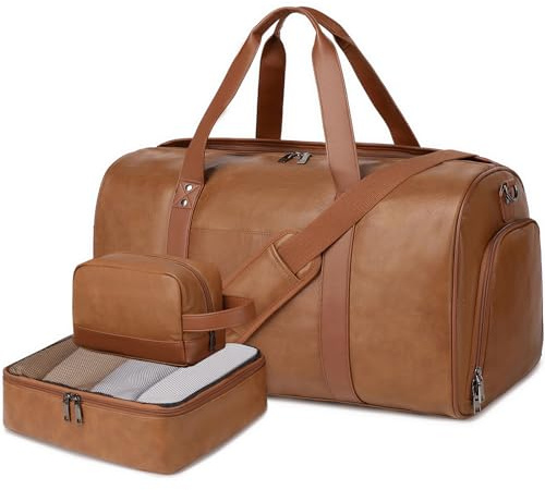 Wogarl 3 Stück Wochenendtaschen für Damen Große Übernachtungstasche Wochenend-Reisetasche Duffeltasche Handgepäck Schultertasche mit Schuhfach, Helles Braun, Large, modisch
