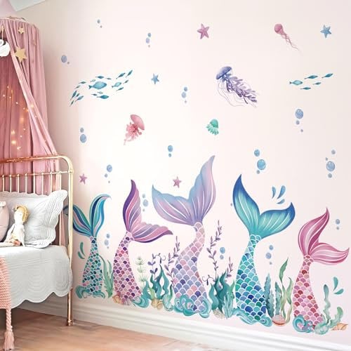 wondever Wandtattoo Meerjungfrau Schwanz Wandaufkleber Unter dem Meer Fisch Seetang Wandsticker Wanddeko für Babyzimmer Schlafzimmer Badezimmer