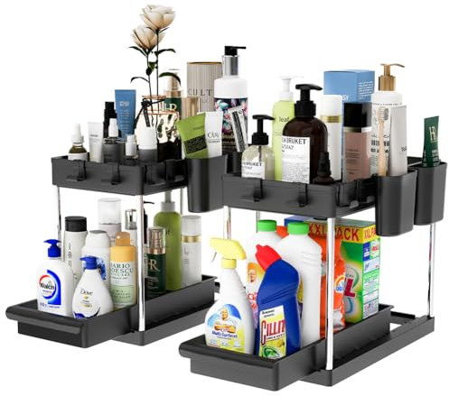 BAKAJI Set 2 Organizer Sottolavello per Bagno e Cucina con Cassetto Scorrevole, Scaffale Cestello Scorrimento Salvaspazio 2 Ripiani, Scaffalatura Sotto Lavello Portaoggetti Ripiano Estraibile (Nero)