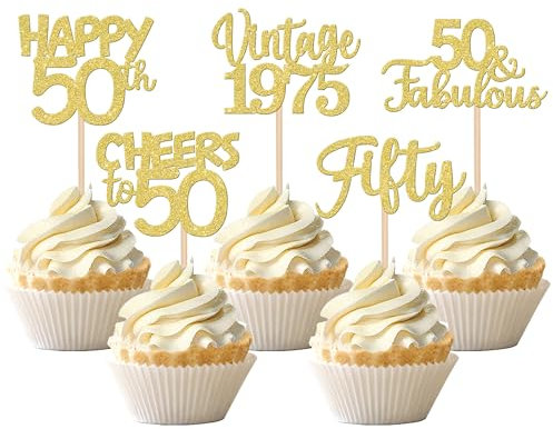 SYKYCTCY 30 Pack Happy 50th Birthday Cupcake Toppers Glitter Fifty Vintage 1975 Cupcake Picks Cheers to 50 Fabulous Cake Decorations for 50th Birthday Wedding Anniversary Party Supplies Gold