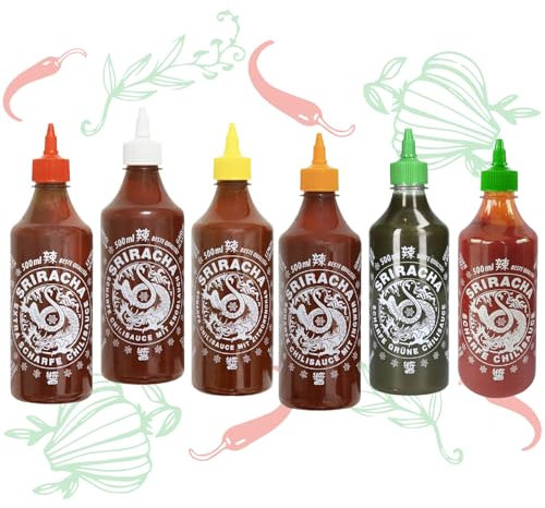 A-ONE Sriracha Salsa Juego de 6 x 500 ml – Salsa de chile con 6 sabores – Clásica, Super caliente, ajo, limoncillo, jengibre, verde – paquete de degustación – Vegetariano Halal