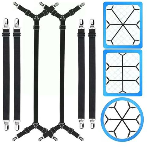 WUERKIYA Supports de Drap de Lit Réglables avec Clips et Bretelles, Sangle Elastique Ajustable, Tendeur Drap Housse pour Tous Les Tailles de Lit - Drap de Lit avec Tendeur Elastique & Crochets