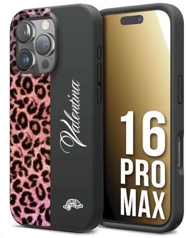 CUSTOMIZZA - Custodia cover nera morbida in tpu compatibile per iPhone 16 PRO MAX leopardato rosa fucsia personalizzata nome iniziali