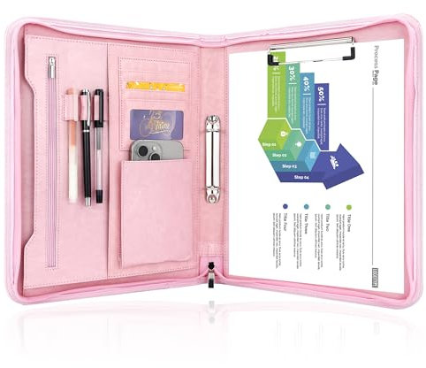 Schreibmappe 2 Ringbuch A4 Konferenzmappe Reißverschluss Leder Wasserdicht Organizer Mappe Dokumentenmappe Rosa