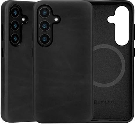 Rumwot Renuine Leather Mobile Phone Case for Samsung Galaxy S25 Plus, Vintage Oil Wax Leather Case with MagSafe and Wireless Charging, Metal Buttons Camera Bezel, Ultra Thin Fit (Black)