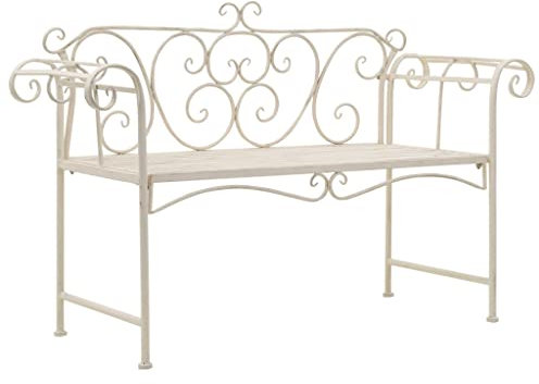 Makastle Gartenbank Metall, Wetterfeste Sitzbank Parkbank mit Rückenlehne & Armlehne, Ruhebank Vintage-Look Gartenmöbel Bänke, Weiß 132 x 46 x 85 cm