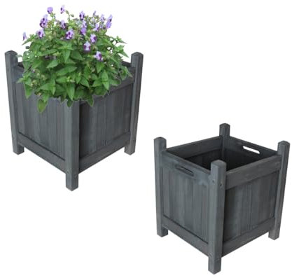 Vivo Technologies Set of 2 Square Wooden Planters Outdoor Garden Planter Box Planting Raise Bed Plants Flowers Plant Pot Natural Long Wood Pot,30x30x38 cm, Grey