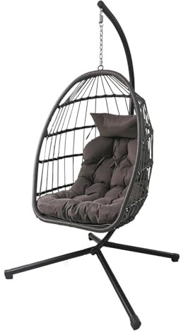 Swing Chairs,Egg Chair Rattan Hanging with Cushion, Foldable Egg Chair Outdoor Indoor, Garden Patio Hammock Chair with Stand & Adjustable Height, upto 130 Kg Weight Capacity (Dark Grey)
