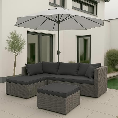 Mendler Poly-Rattan Garnitur HWC-O46 - grau Polster dunkelgrau | Balkon-/Garten-/Lounge-Set, Sofa, Sitzgruppe