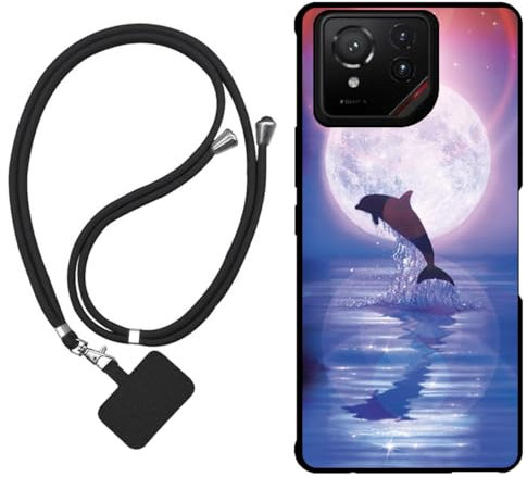 Sunrive Funda Compatible con ASUS Rog Phone 9FE,Slim Fit Gel Mate Carcasa Case Bumper de Impactos Espalda Cover (Luna,Delfines,Mar)+1 X Correa Universal