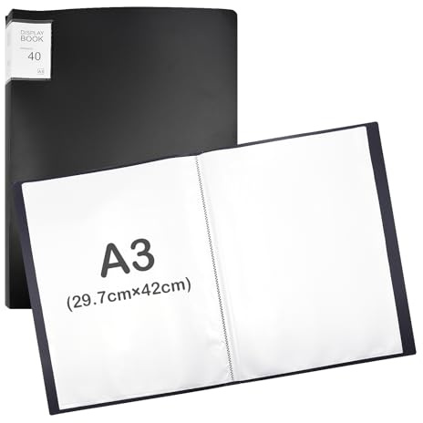 Aolkee A3 Folder, Paper Storage, A3 Art Folder with 40 Pocket Presentation Folder Plastic for Display, Certificate, Painting, Artwork (Black)